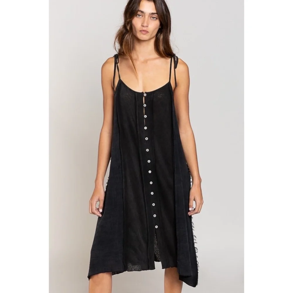 POL Black Cotton Spaghetti Strap Button Down Sundress - Picture 1 of 6